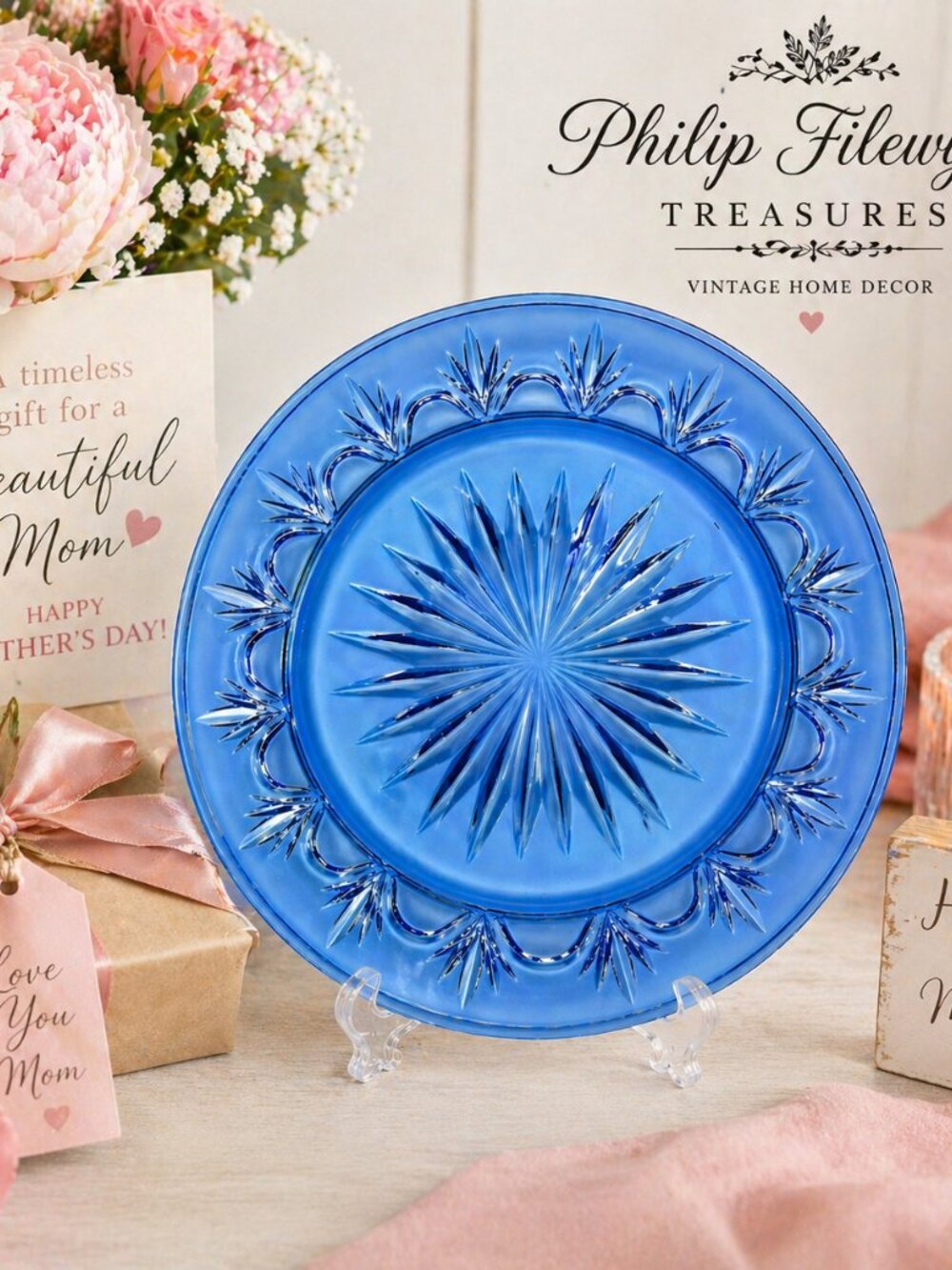DP-05-Vintage Blue Glass Plate Starburst Pattern Retro Table Decor Collectible S - Picture 3 of 10